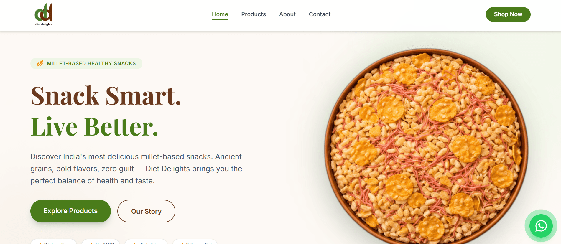 Diet Delights healthy snacks brand website home page
